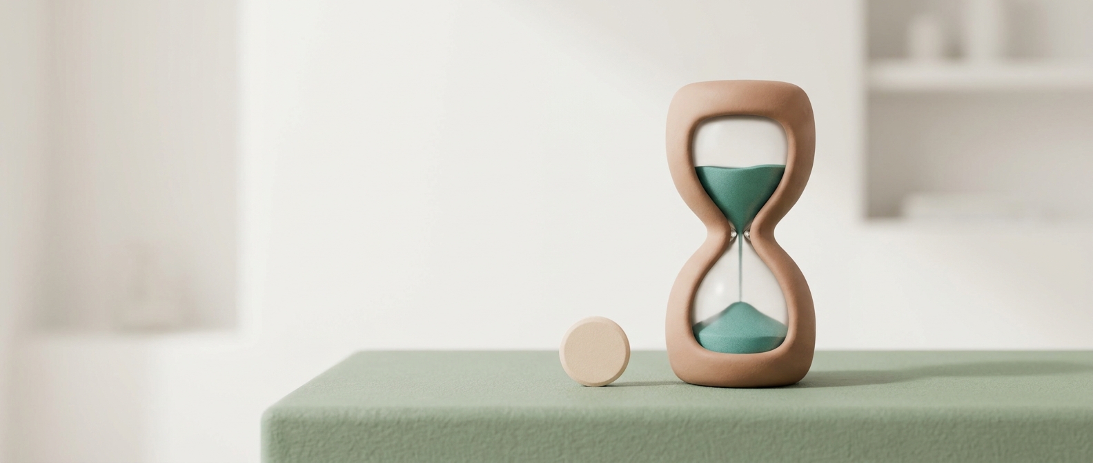 Illustration 3D d'un sablier posé à côté d'un comprimé neutre, symbolisant le contrôle du moment et un traitement possible