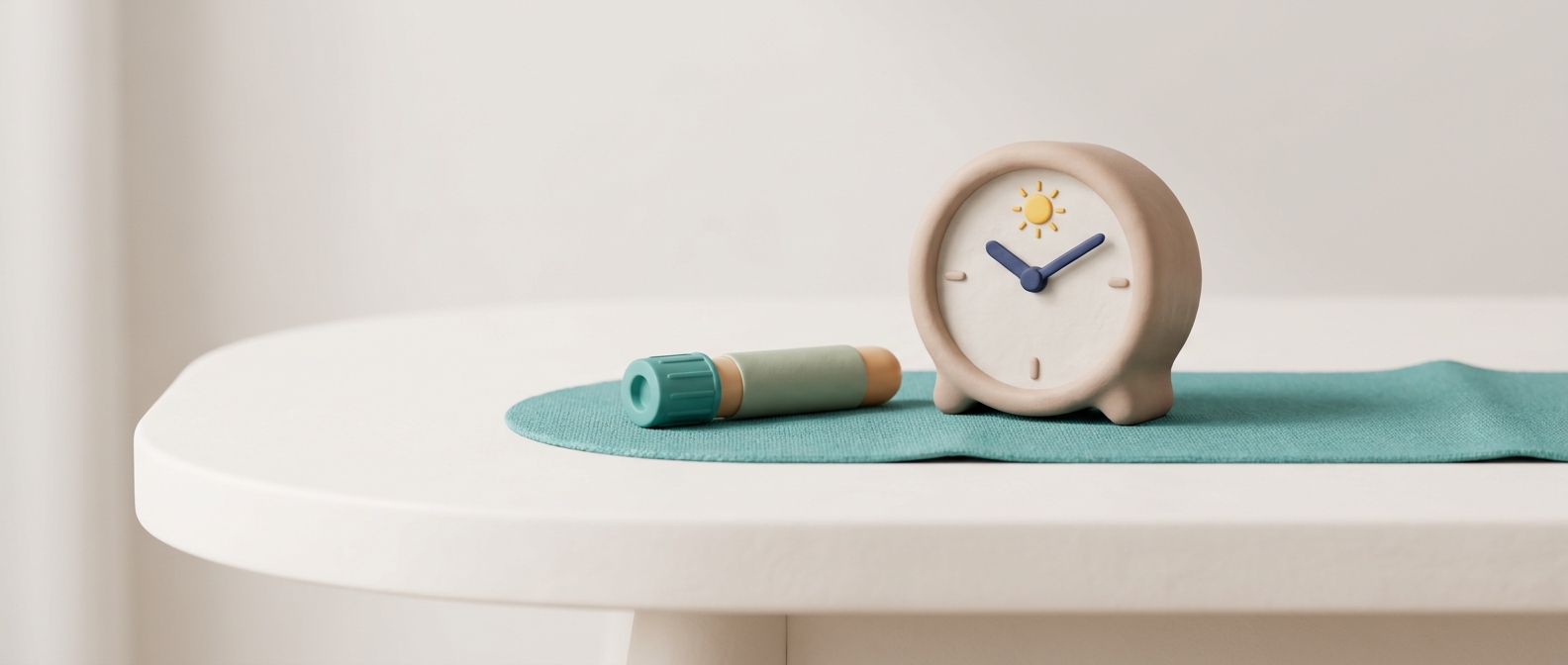 Illustration 3D d'une horloge stylisée et d'un tube de prélèvement sanguin, évoquant une prise de sang matinale