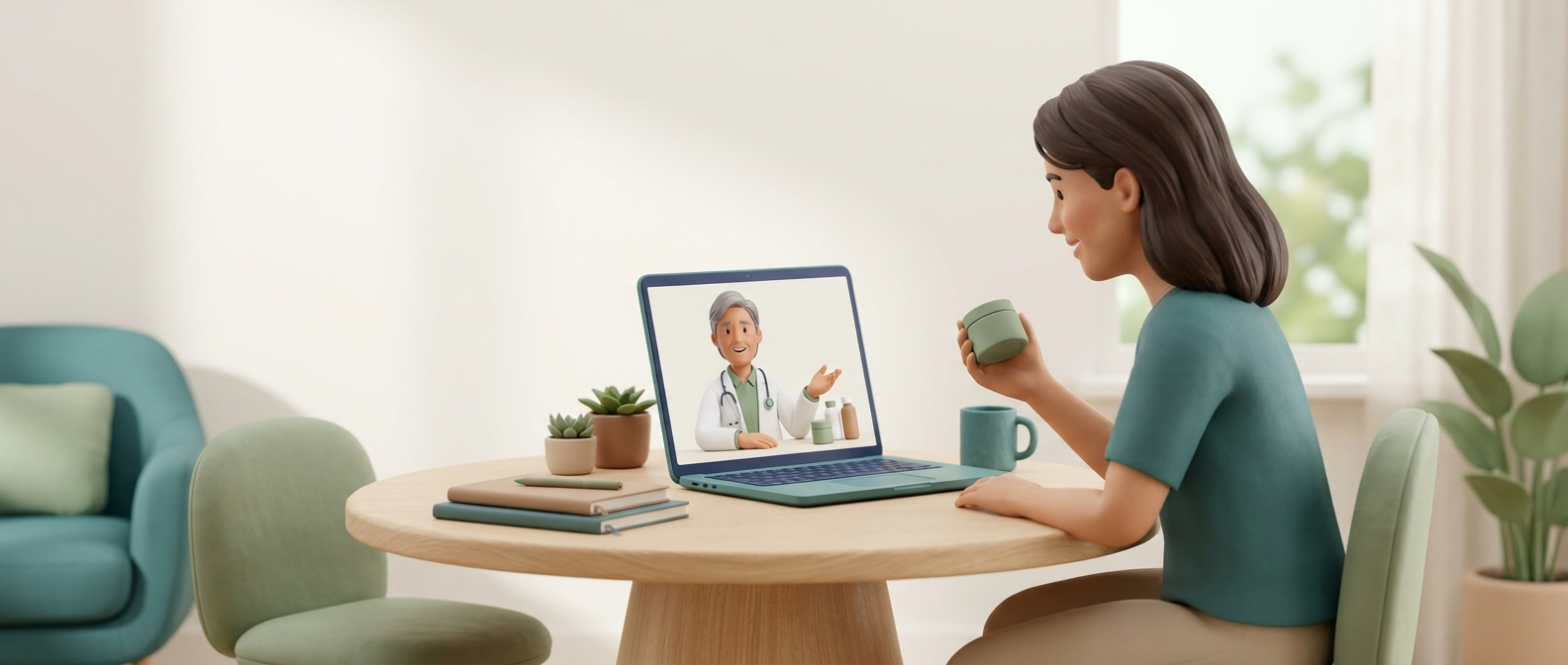 Illustration 3D d'une téléconsultation à domicile avec un médecin bienveillant visible à l'écran
