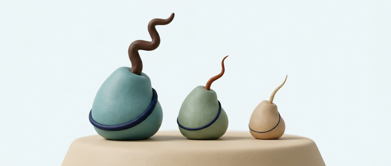 Illustration 3D symbolique et abstraite de la miniaturisation progressive d'un follicule pileux, dans le style Kernel