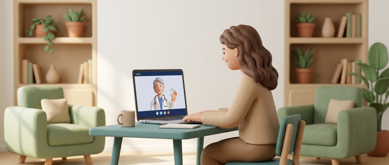 Illustration 3D d'une personne en téléconsultation vidéo à domicile avec un médecin bienveillant à l'écran