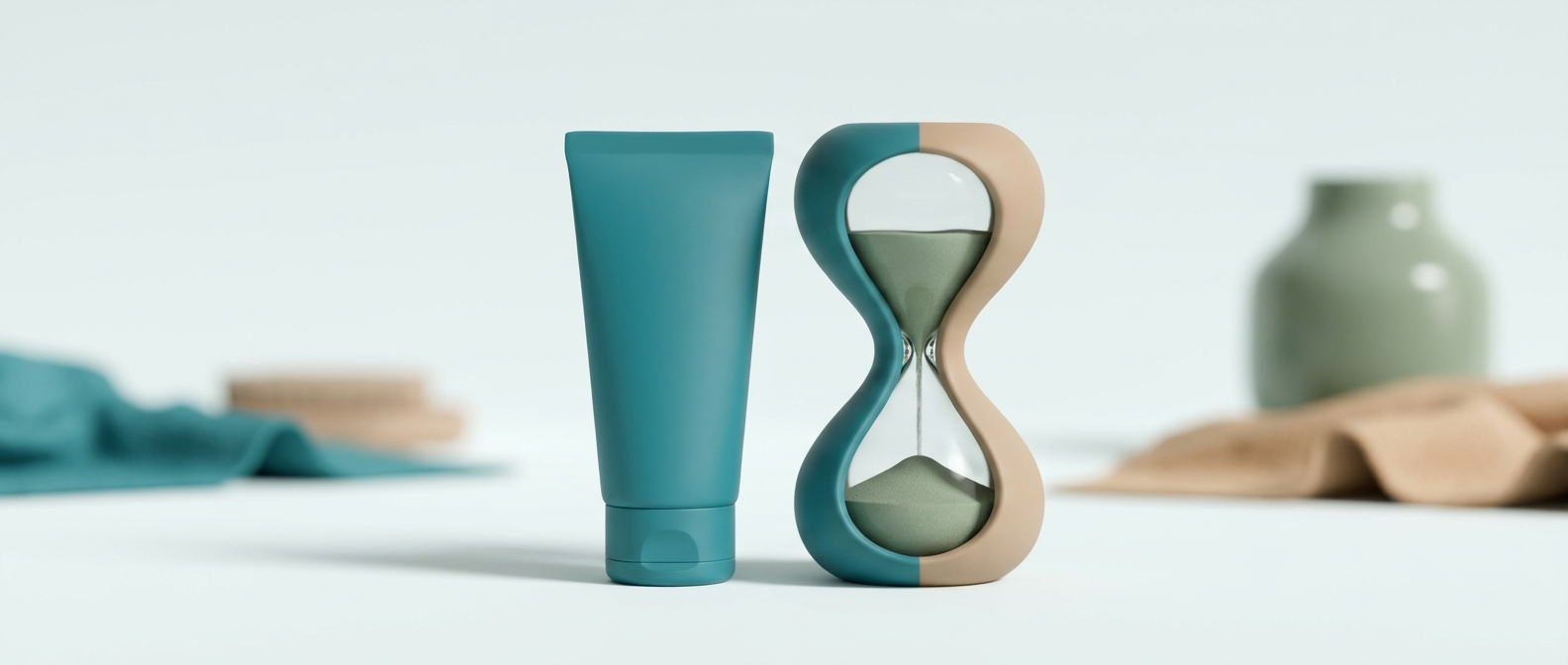 Illustration 3D d'un tube de crème posé à côté d'un sablier, évoquant la durée d'un traitement