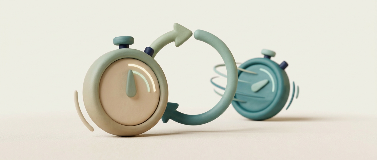 Illustration 3D symbolique de deux formes rondes évoquant un chronomètre, de tailles et rythmes différents, sans caractère médical précis
