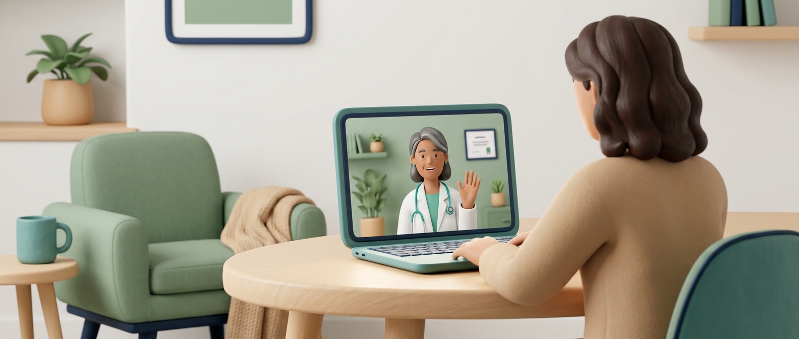 Illustration 3D d'une personne en téléconsultation vidéo à domicile avec un médecin souriant à l'écran