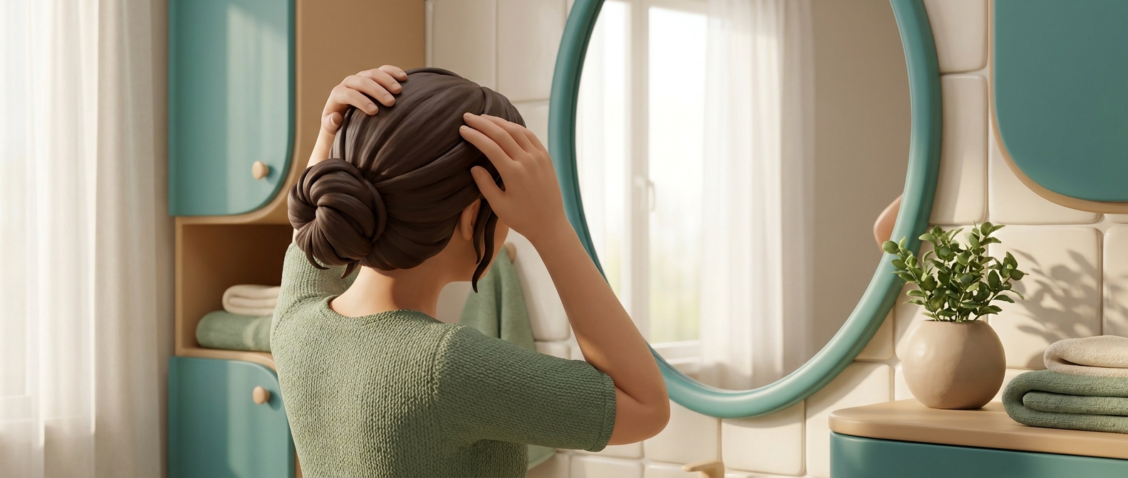 Femme de dos dans une salle de bain lumineuse, observant sa racine des cheveux, visage non identifiable