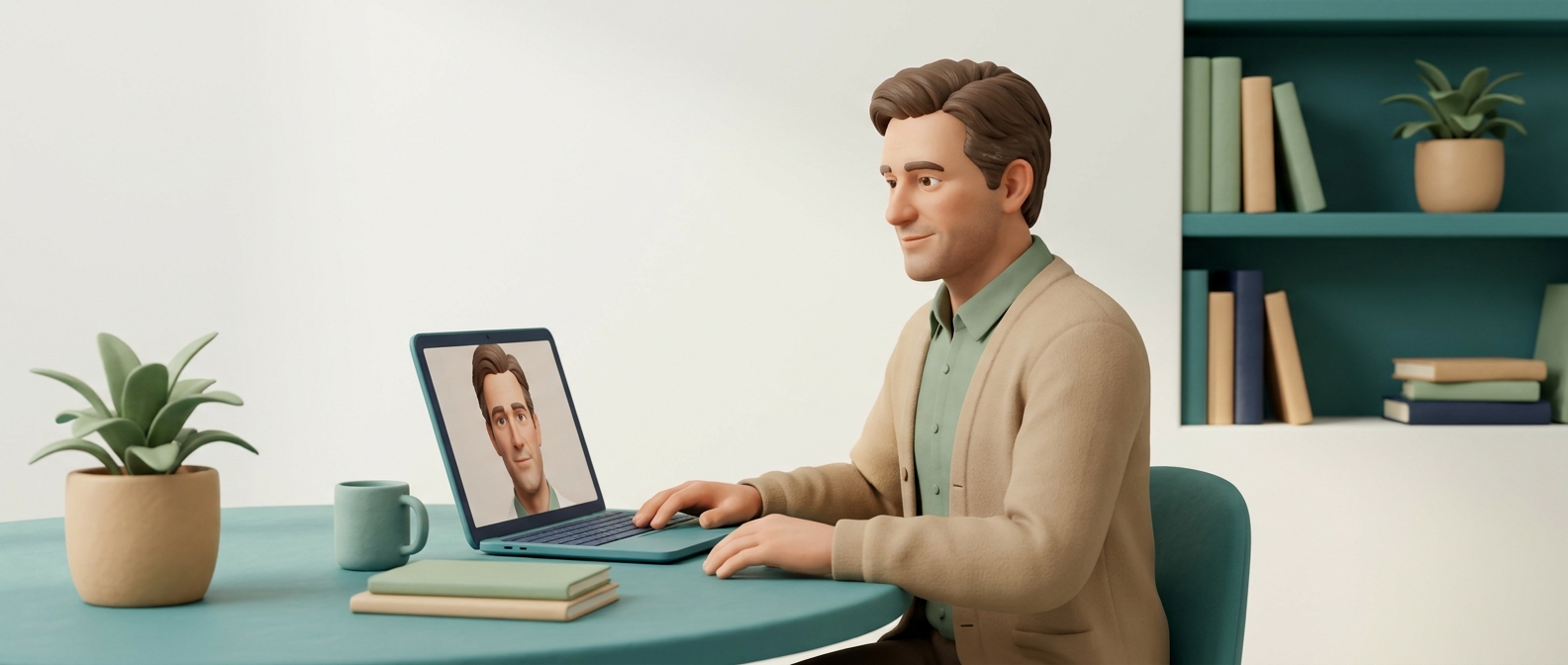 Illustration 3D d'un médecin bienveillant en téléconsultation vidéo avec un patient depuis son domicile