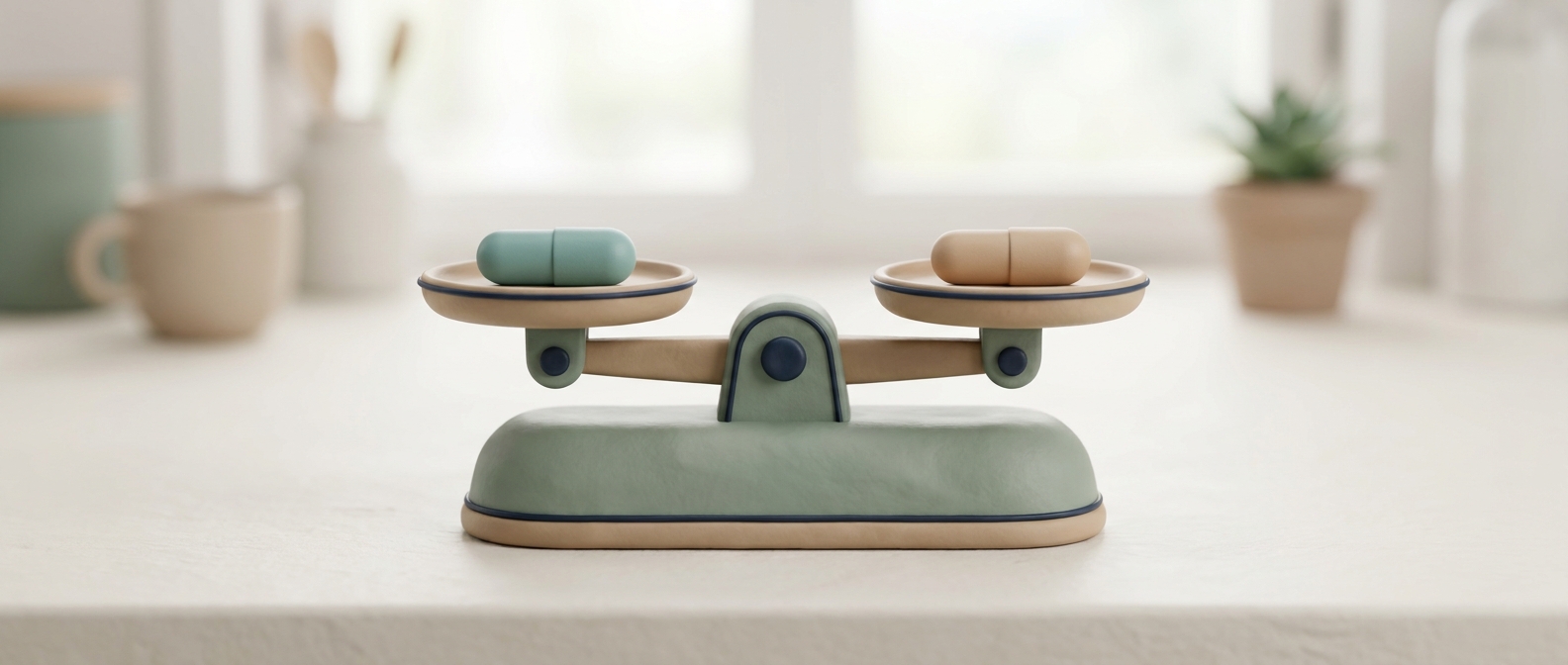Illustration 3D d'une balance stylisée avec une capsule posée sur chaque plateau, évoquant une comparaison entre deux traitements