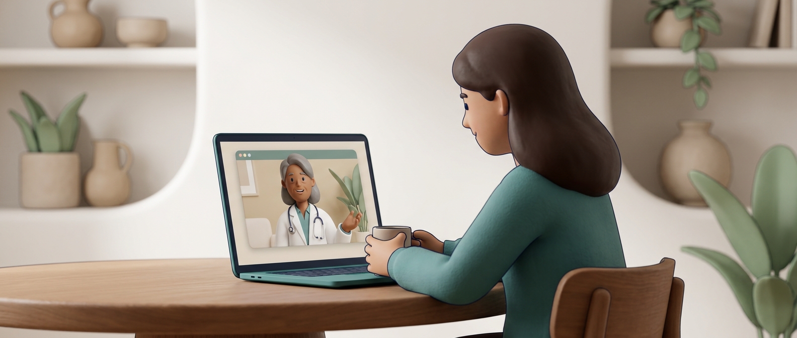 Illustration 3D d'une téléconsultation avec un médecin bienveillant sur un ordinateur
