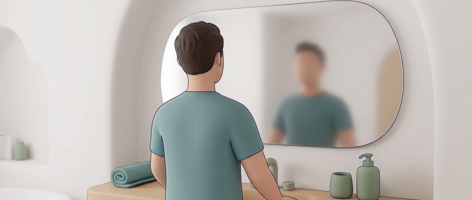 Illustration d'un jeune homme de dos observant sa ligne de cheveux dans un miroir de salle de bain, dans le style 3D doux de Kernel