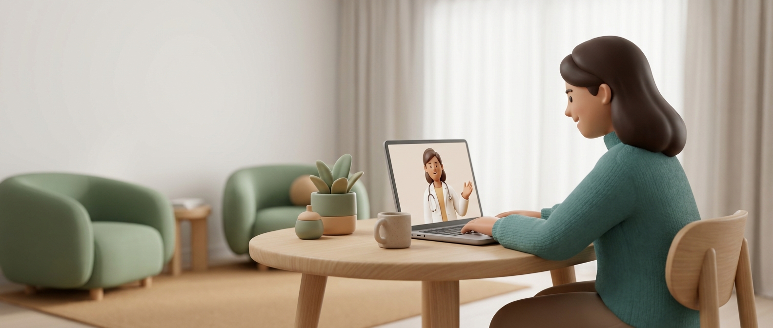 Personne en téléconsultation vidéo à domicile avec un médecin bienveillant à l'écran