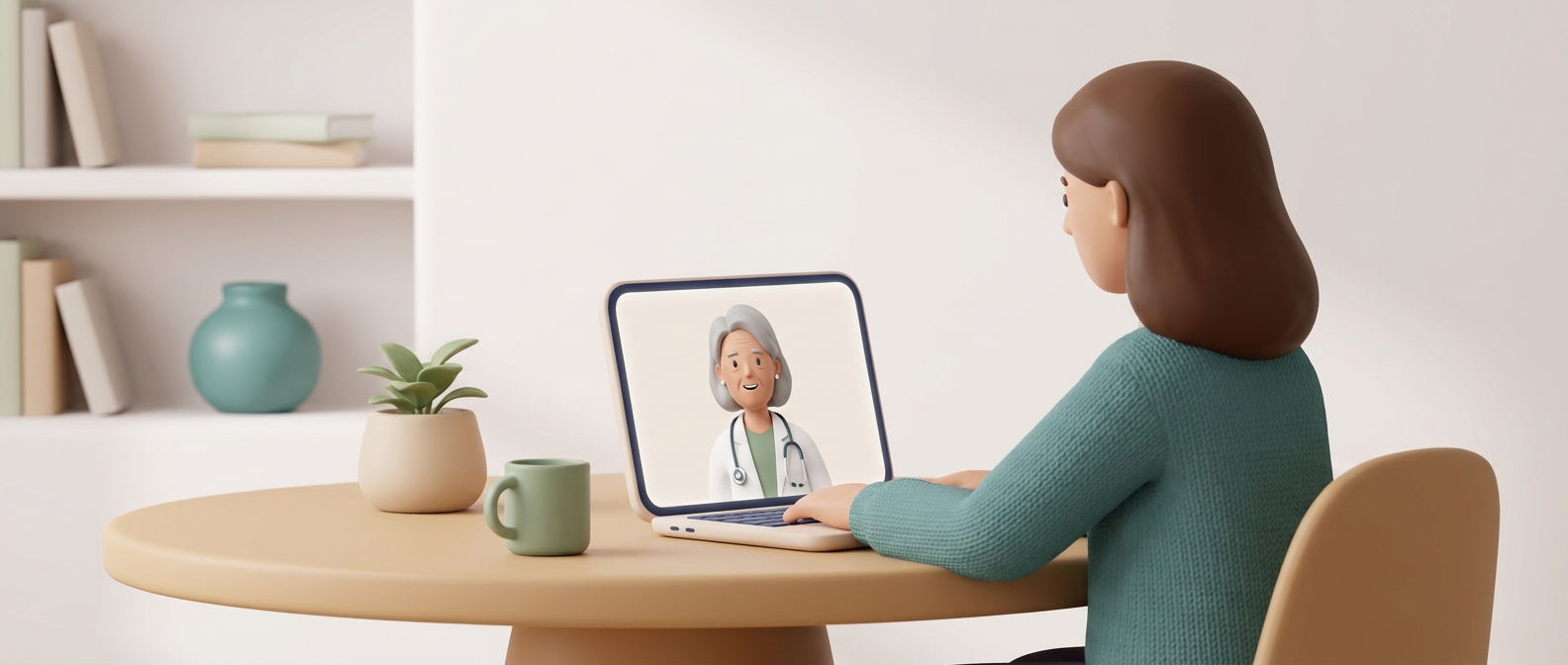Personne en téléconsultation vidéo à domicile avec un médecin bienveillant à l'écran