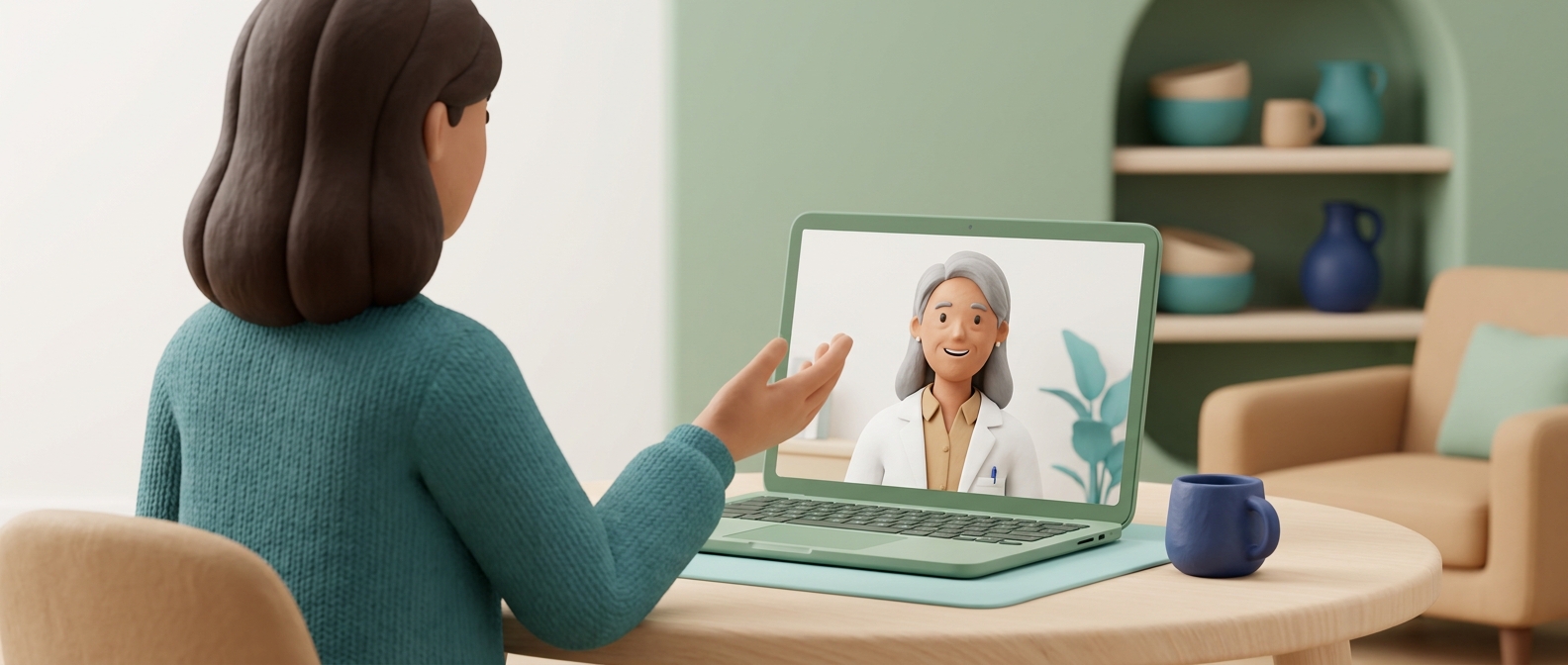 Illustration 3D d'une téléconsultation à domicile : un médecin bienveillant visible à l'écran d'un ordinateur portable