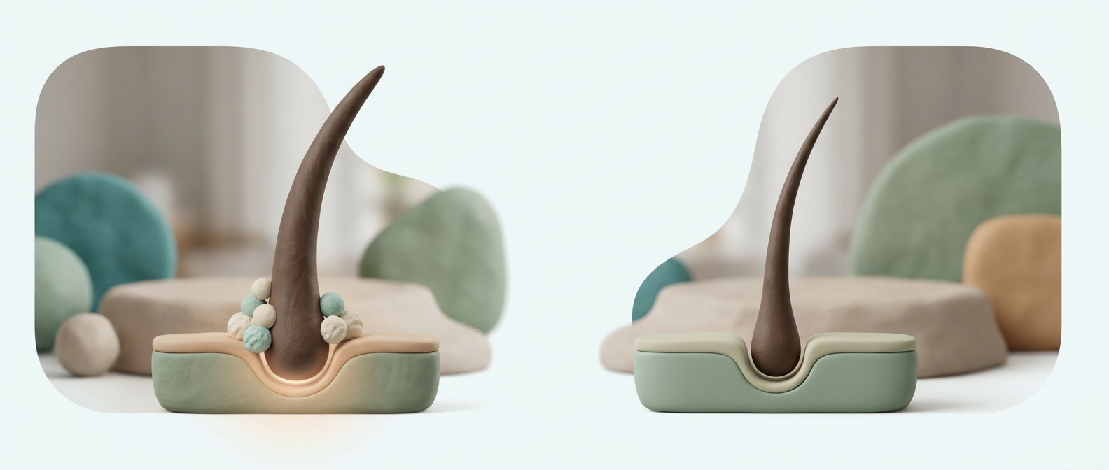 Illustration 3D symbolique de deux mèches de cheveux stylisées, l'une avec des squames à la base, l'autre lisse et simplement plus fine
