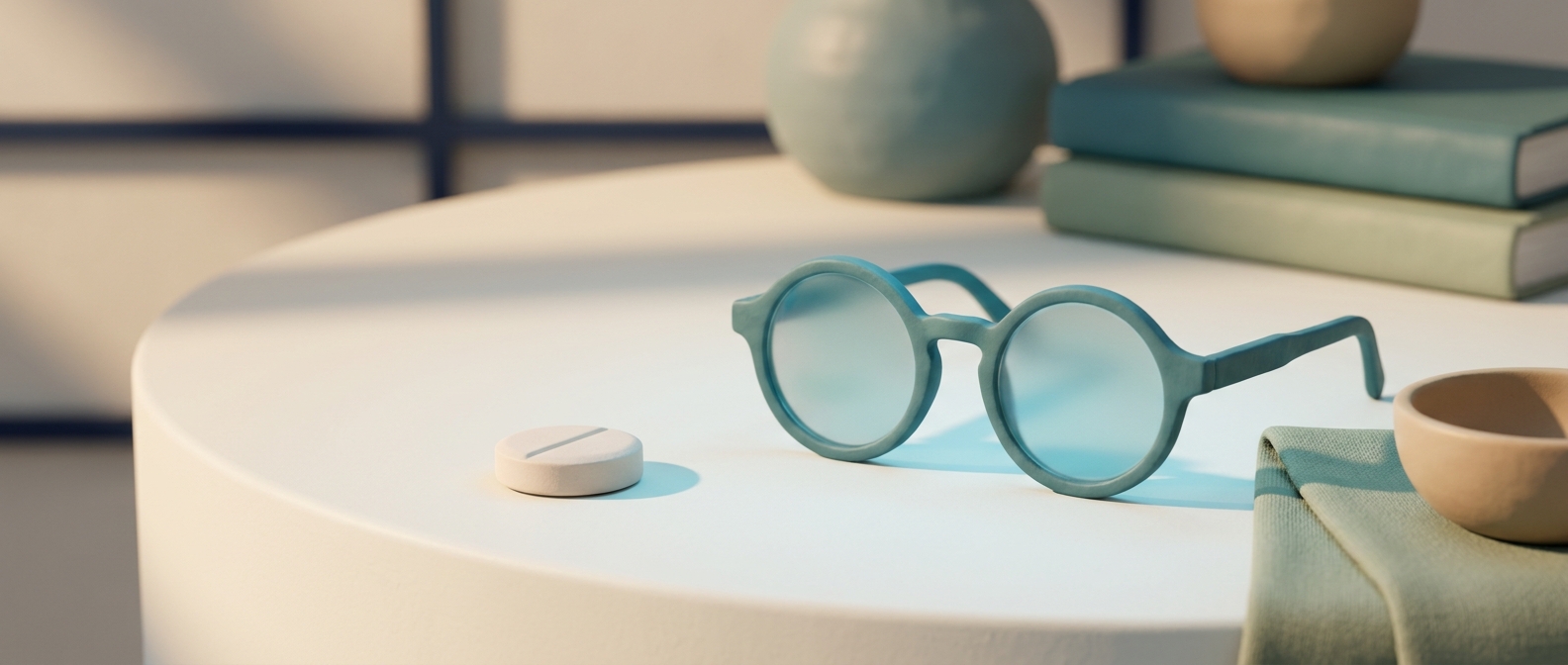 Illustration 3D d'un comprimé neutre et de lunettes aux verres légèrement teintés de bleu, évoquant l'effet visuel passager du sildénafil