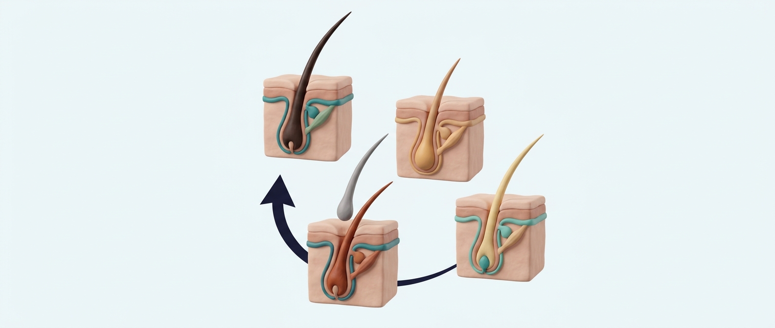 Schéma du cycle capillaire : coupes de peau montrant un follicule en phase de croissance, de transition, de repos et de repousse.