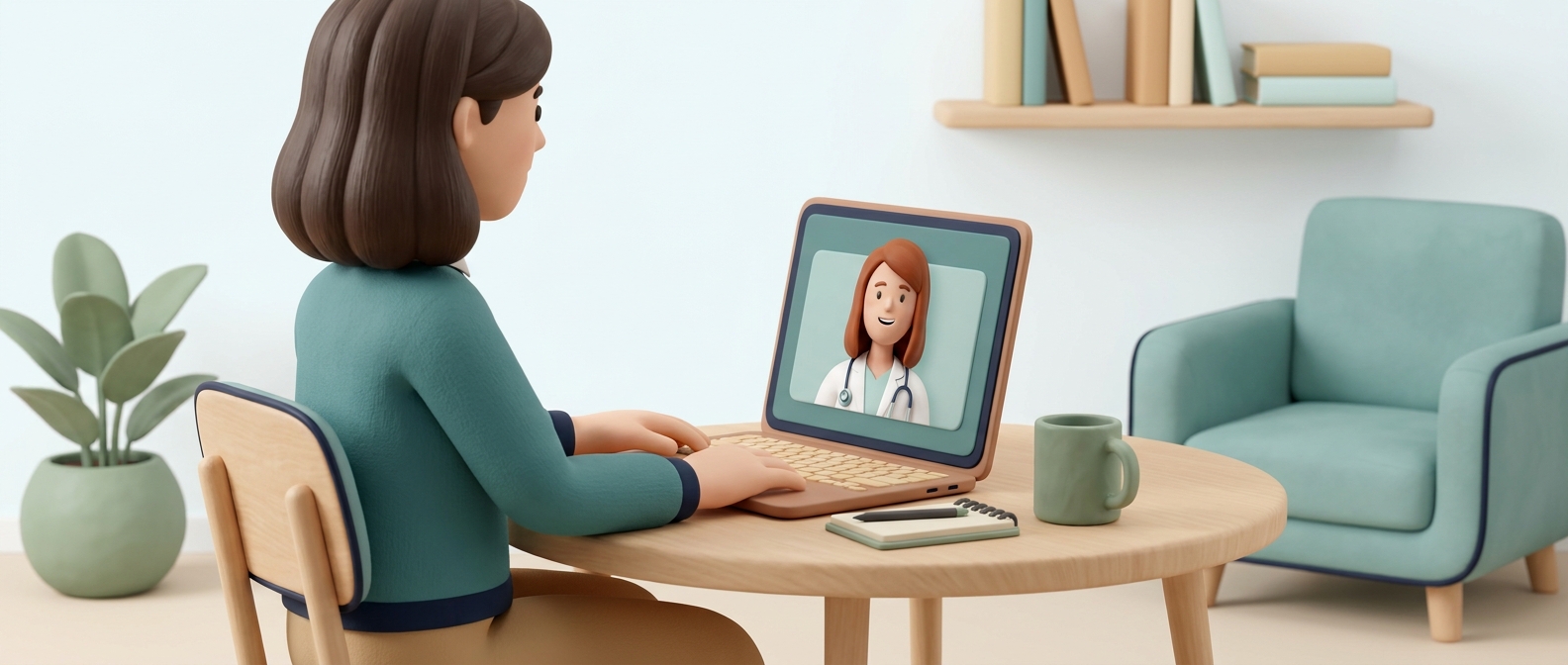 Illustration 3D d'une personne en téléconsultation vidéo avec un médecin bienveillant à l'écran