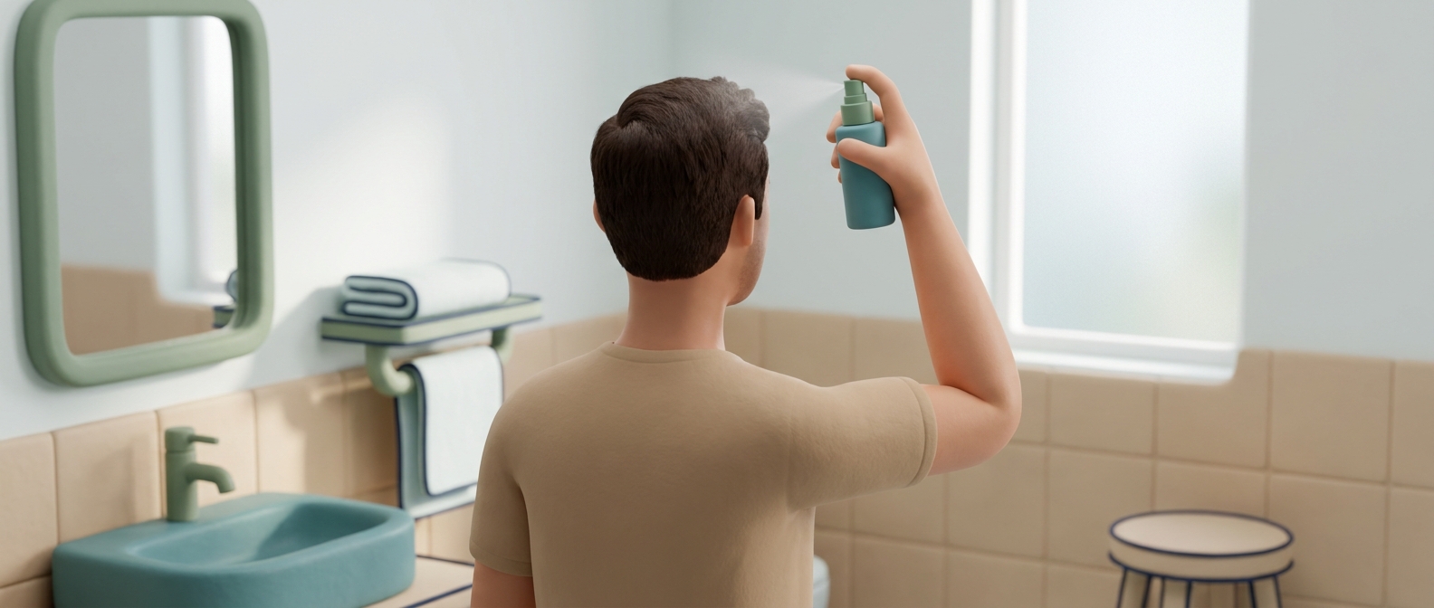 Illustration 3D d'un homme de dos appliquant un spray sur son cuir chevelu dans une salle de bain lumineuse