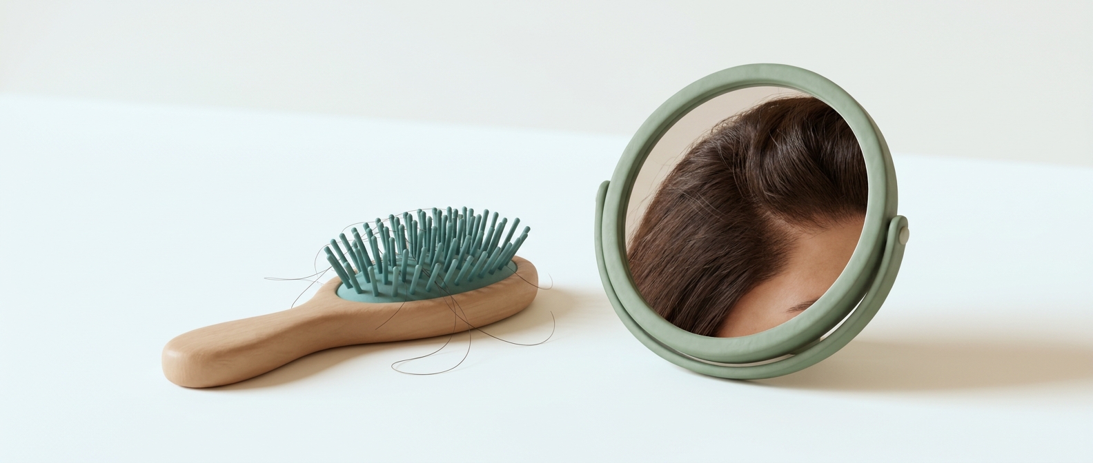 Illustration 3D d'une brosse à cheveux et d'un petit miroir de poche posés côte à côte sur une surface claire