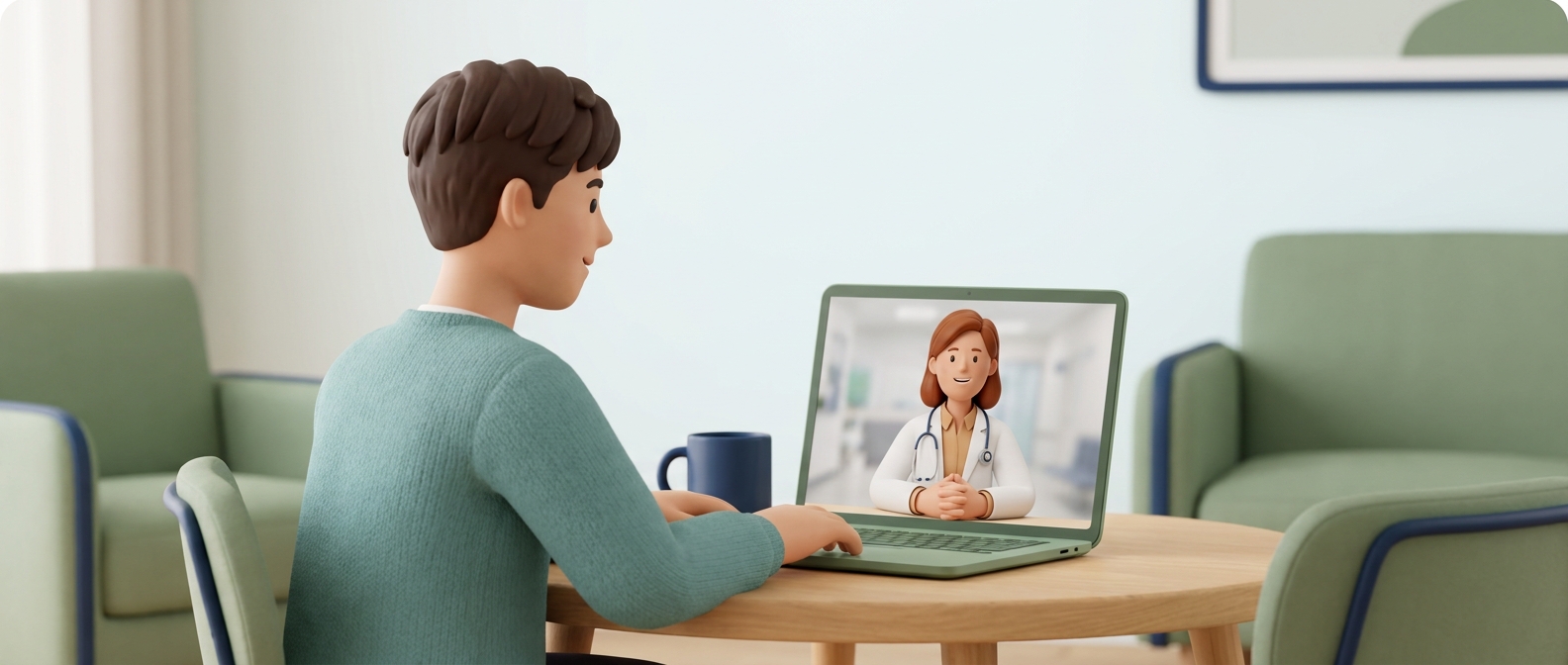 Illustration 3D d'un jeune homme en téléconsultation vidéo avec un médecin, dans le style Kernel