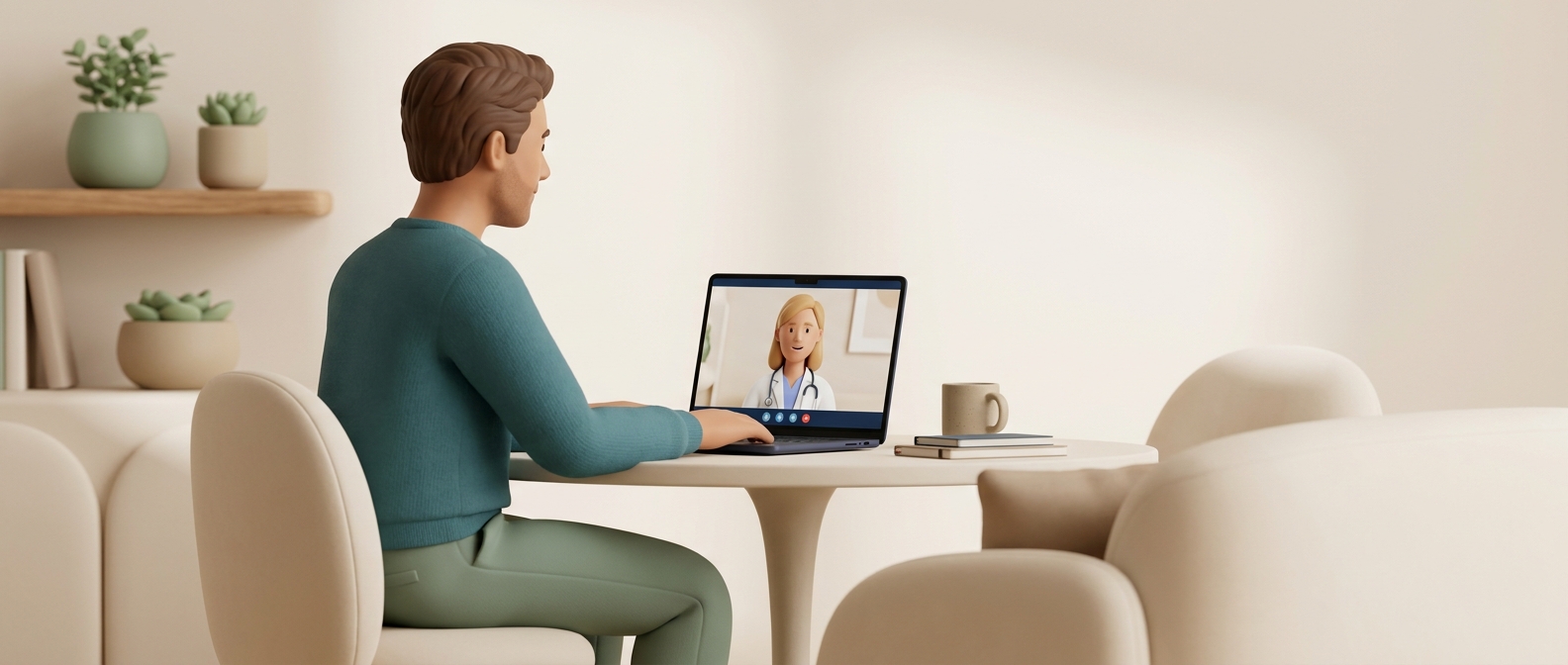 Illustration 3D d'un homme en téléconsultation vidéo avec un médecin, dans le style Kernel