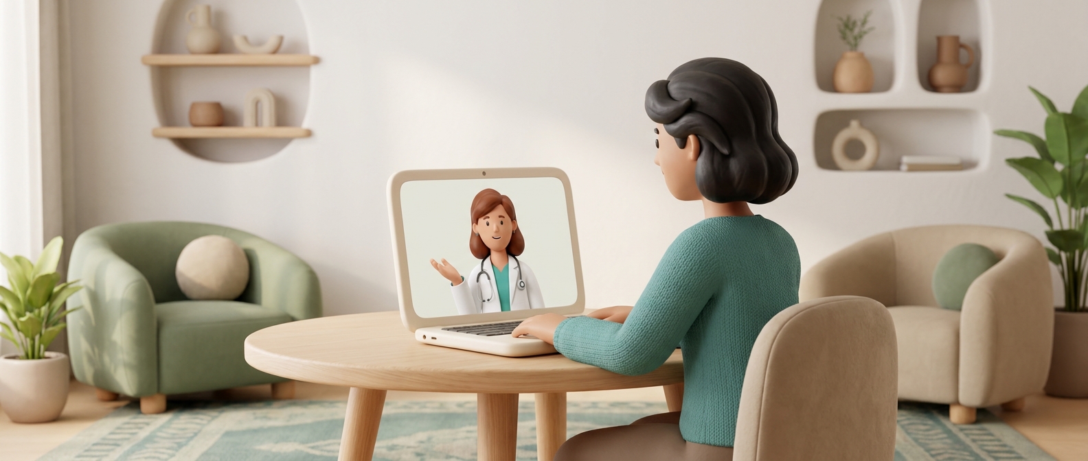 Illustration 3D d'une femme en téléconsultation vidéo à domicile avec un médecin bienveillant à l'écran