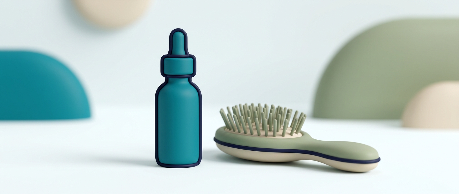 Illustration 3D d'un flacon compte-gouttes de solution capillaire et d'une brosse à cheveux, nature morte évoquant une routine capillaire féminine