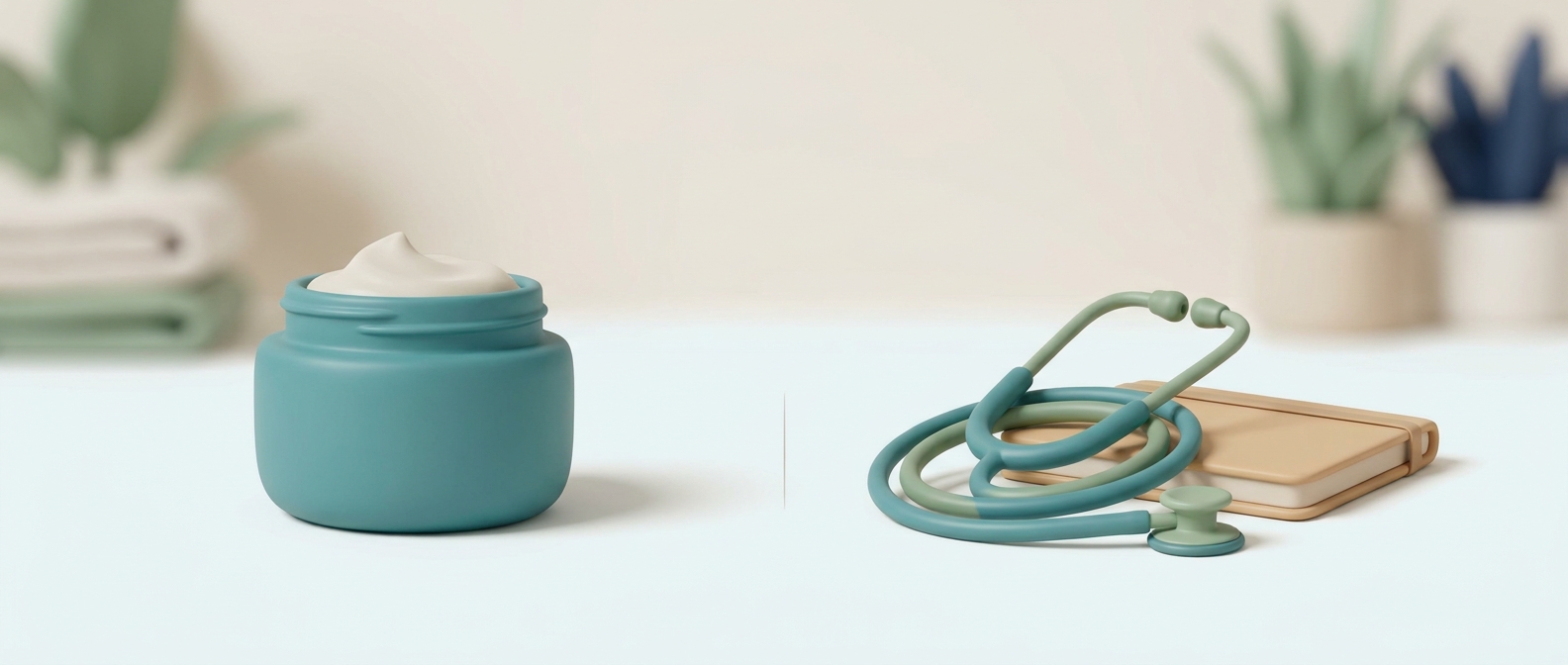 Illustration 3D d'un pot de crème et d'un stéthoscope, symbolisant le choix entre soin cosmétique et avis médical