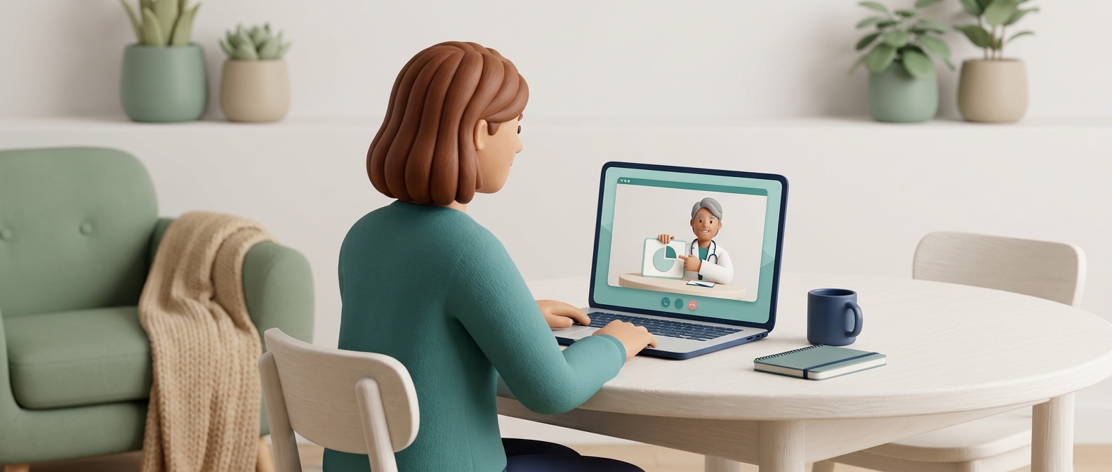 Illustration 3D d'une personne en téléconsultation vidéo avec un médecin bienveillant, évoquant un bilan de santé avant prescription