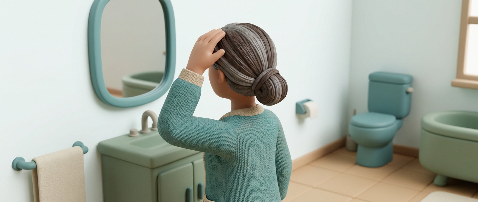 Illustration 3D d'une femme de dos touchant sa racine de cheveux dans une salle de bain lumineuse, symbolisant la chute de cheveux à la ménopause