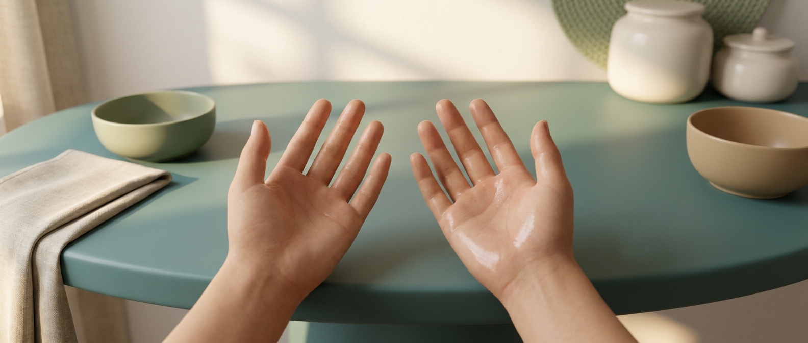 Illustration 3D de mains posées sur une table en lumière d'été, sans visage visible, évoquant la transpiration des paumes