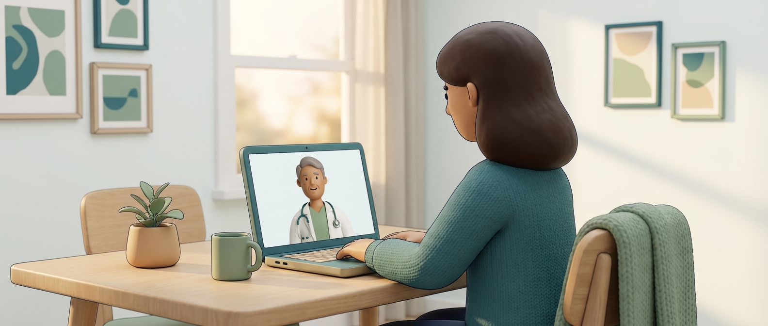 Illustration 3D d'une personne en téléconsultation vidéo avec un médecin bienveillant, ambiance de confiance en fin d'après-midi