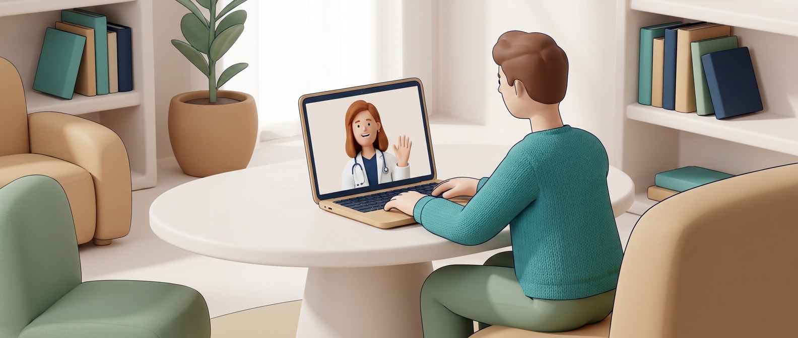 Illustration 3D d'une téléconsultation avec un médecin souriant sur un ordinateur portable