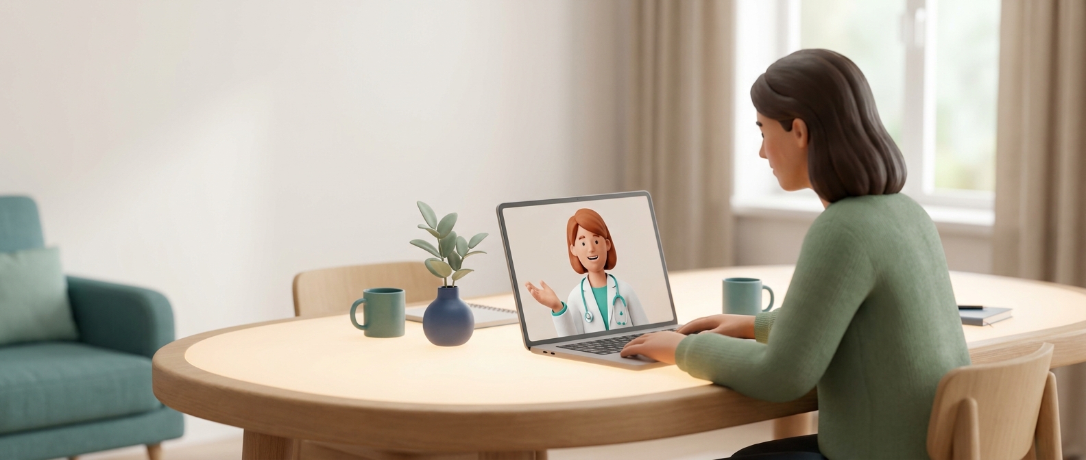Illustration 3D d'une personne en téléconsultation avec une médecin souriante à l'écran de son ordinateur