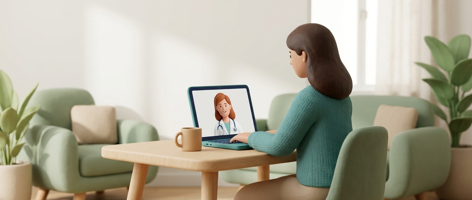 Illustration 3D d'une personne en téléconsultation vidéo à domicile avec un médecin bienveillant à l'écran
