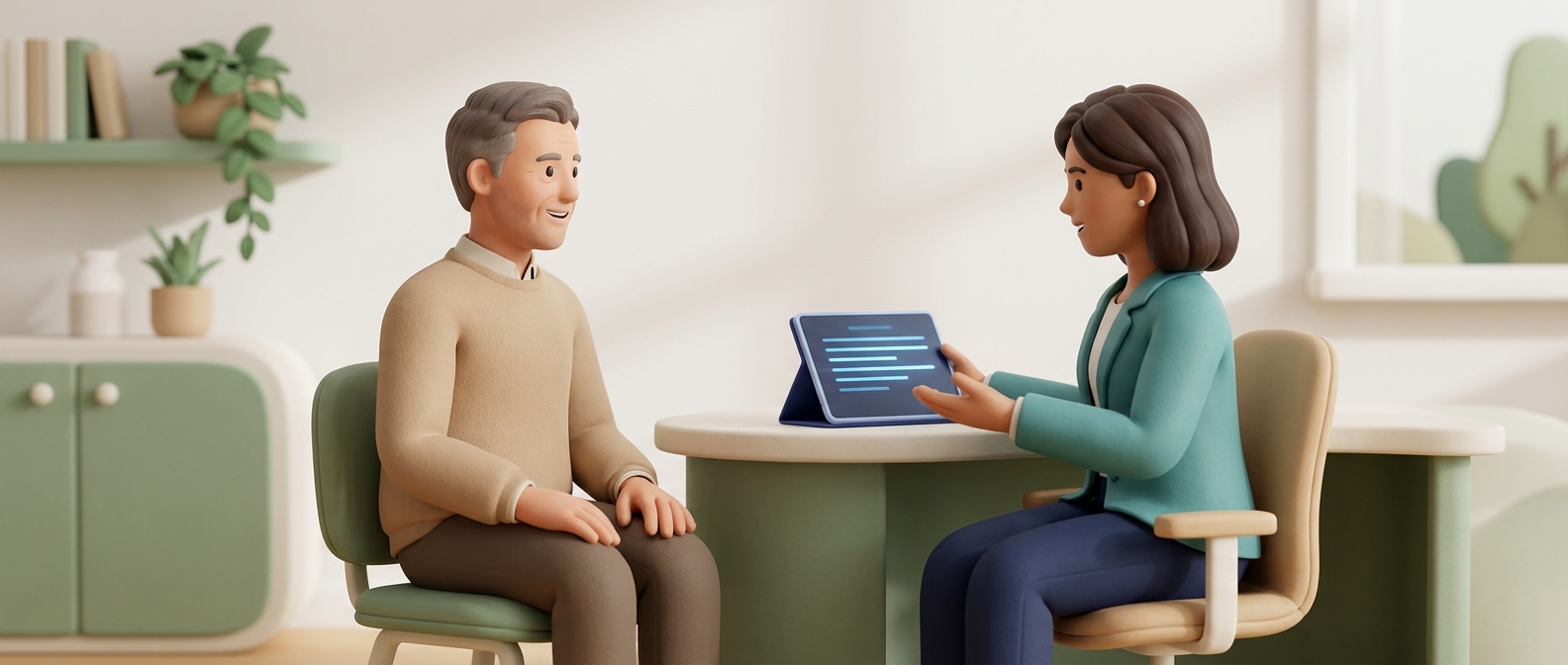 Illustration 3D d'une consultation médicale bienveillante où un médecin passe en revue les traitements d'un patient