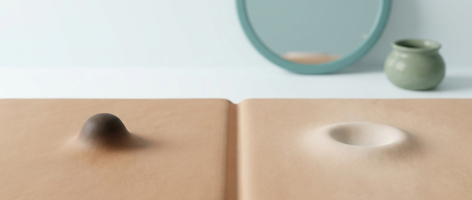 Illustration 3D symbolique d'un pore obstrué sombre à côté d'un pore ouvert clair, représentant la différence entre point noir et filament sébacé