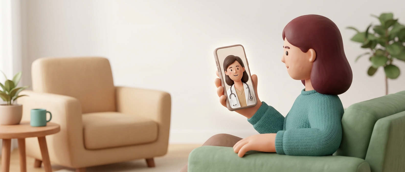 Illustration 3D d’une personne en téléconsultation avec un médecin sur son téléphone