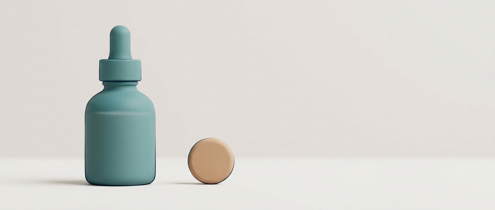 Illustration 3D d'un flacon de sérum et d'un comprimé côte à côte, symbolisant le choix entre rétinol cosmétique et rétinoïde prescrit