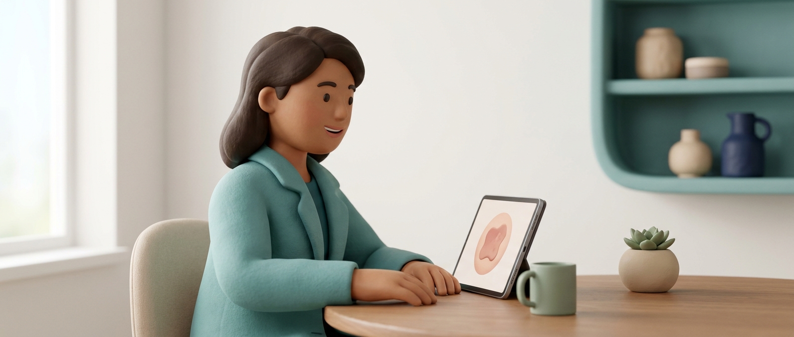 Illustration 3D d'une médecin souriante en téléconsultation, tablette à la main, dans un cabinet lumineux et rassurant.