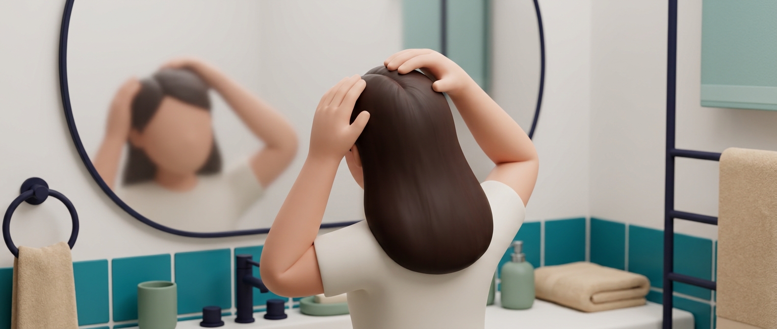 Illustration 3D d'une personne vue de dos observant son cuir chevelu dans un miroir de salle de bain