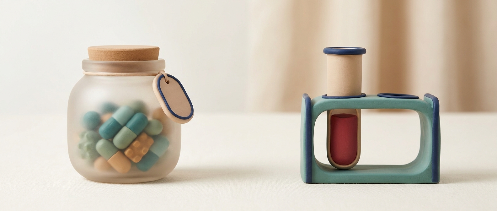 Illustration 3D d'une comparaison entre un pot de compléments alimentaires colorés et un tube de prélèvement sanguin, symbolisant marketing contre analyse médicale