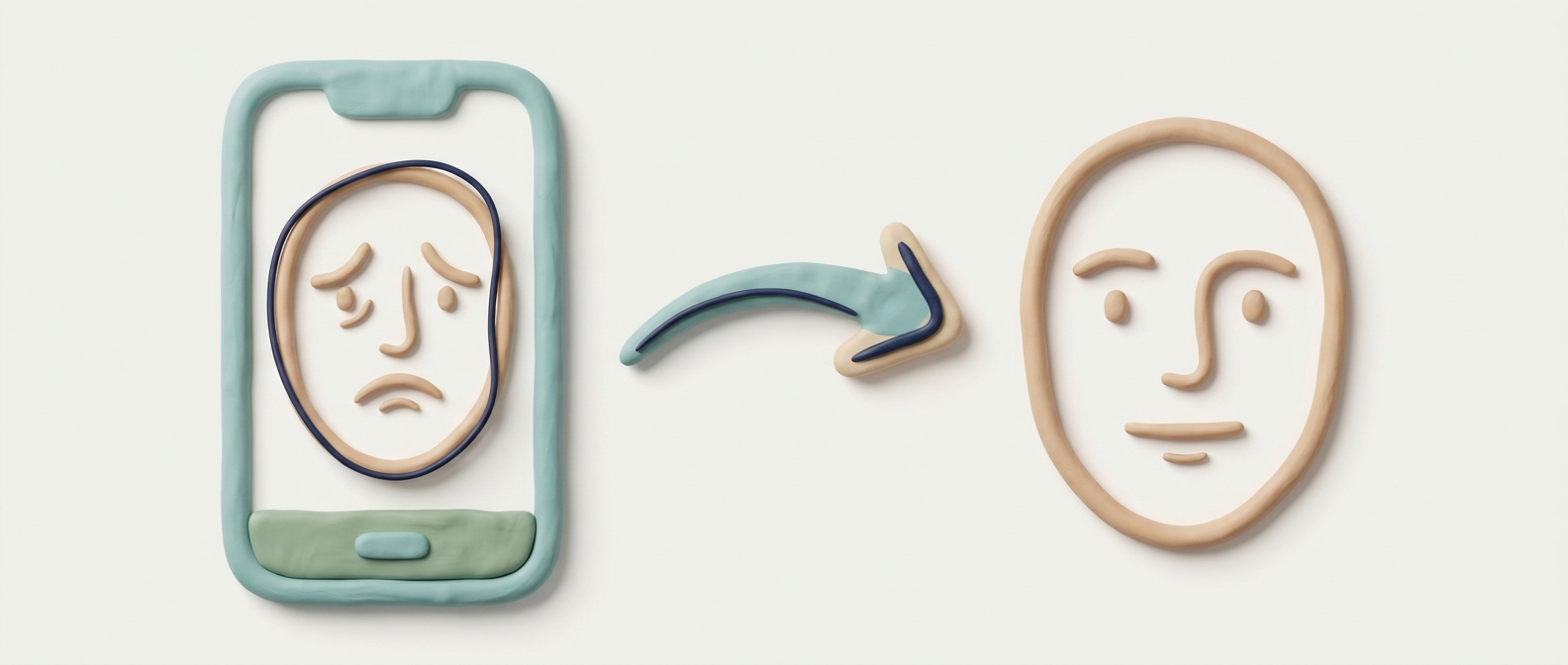 Illustration 3D symbolique d'un visage inquiet sur un écran de smartphone se transformant en visage neutre et calme, représentant le passage du mythe à la réalité