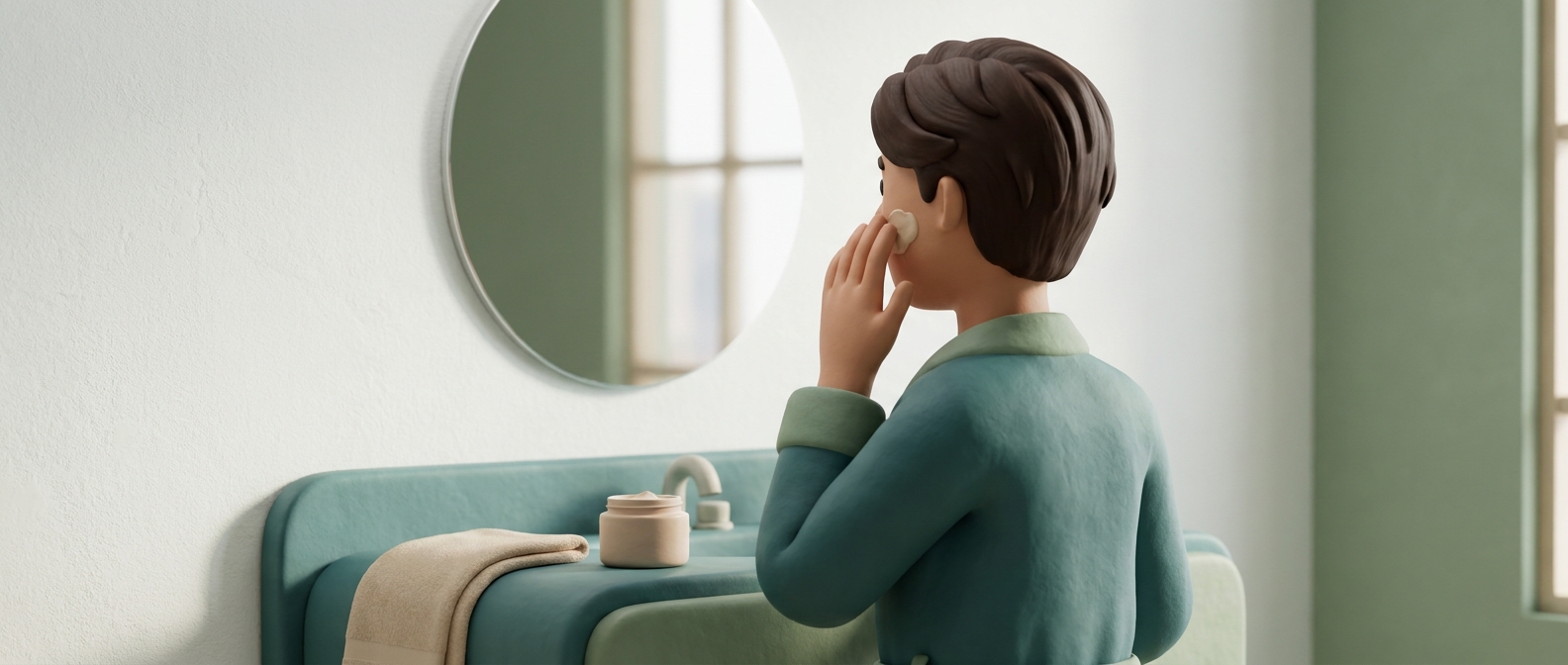 Illustration 3D d'une personne de dos appliquant une crème hydratante sur la joue devant un miroir, sans visage identifiable