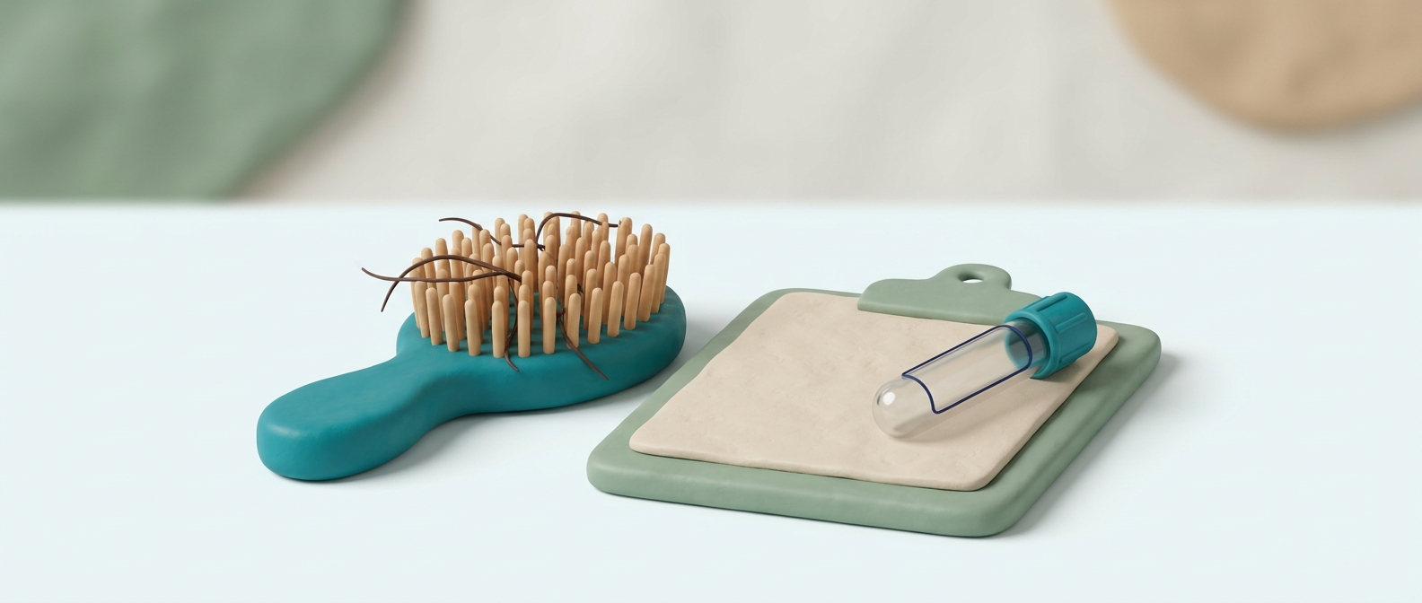 Illustration 3D d'une brosse à cheveux et d'un bilan médical posés sur une surface claire, évoquant le diagnostic de la chute de cheveux chez la femme