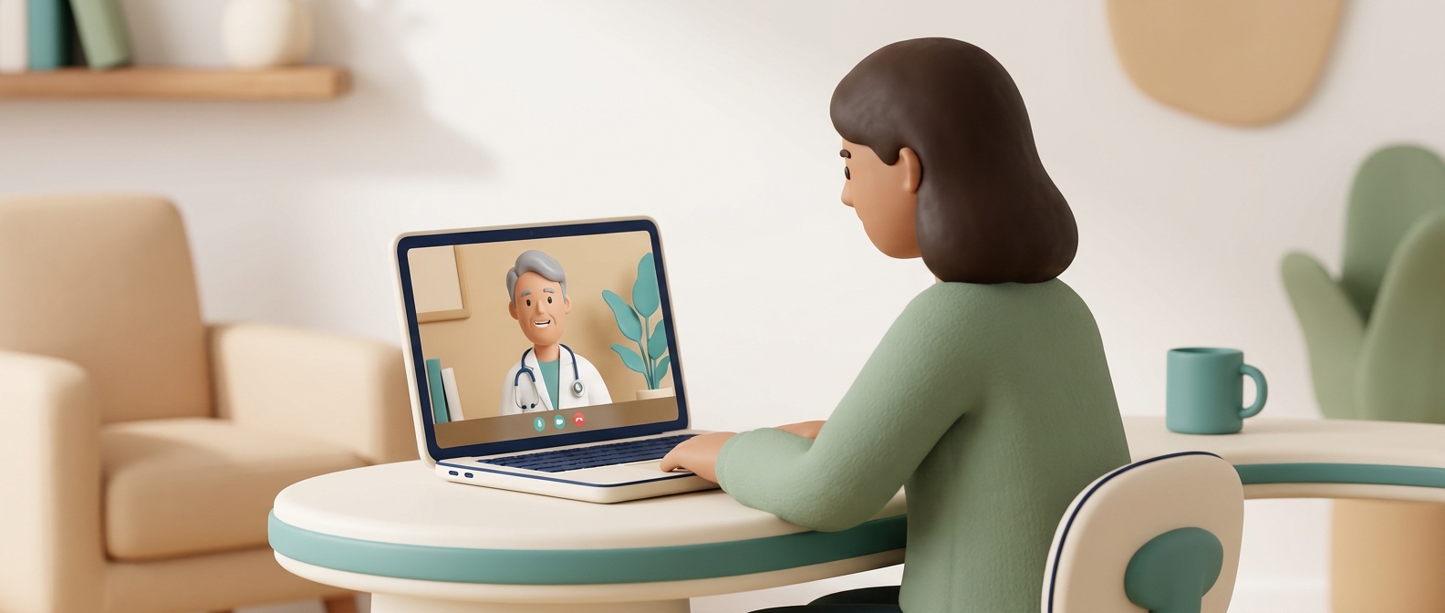 Personne en visioconsultation avec un médecin depuis son domicile, scène de confiance et de prise en charge