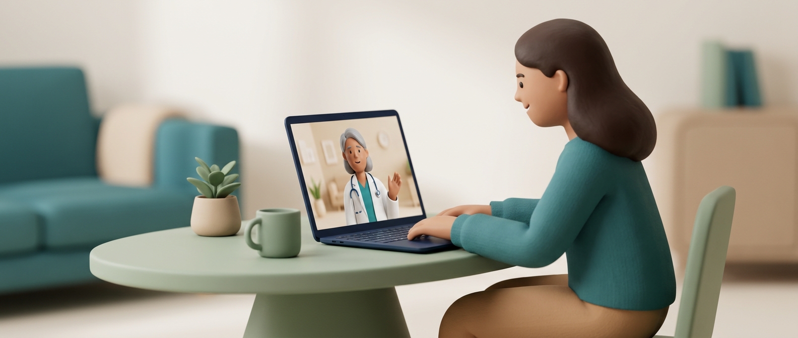 Illustration 3D d'une personne en téléconsultation vidéo à domicile avec un médecin bienveillant à l'écran
