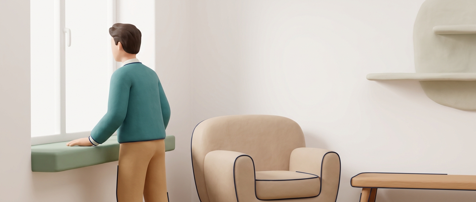 Illustration 3D d'un homme de dos, debout près d'une fenêtre dans une chambre calme, plongé dans ses pensées