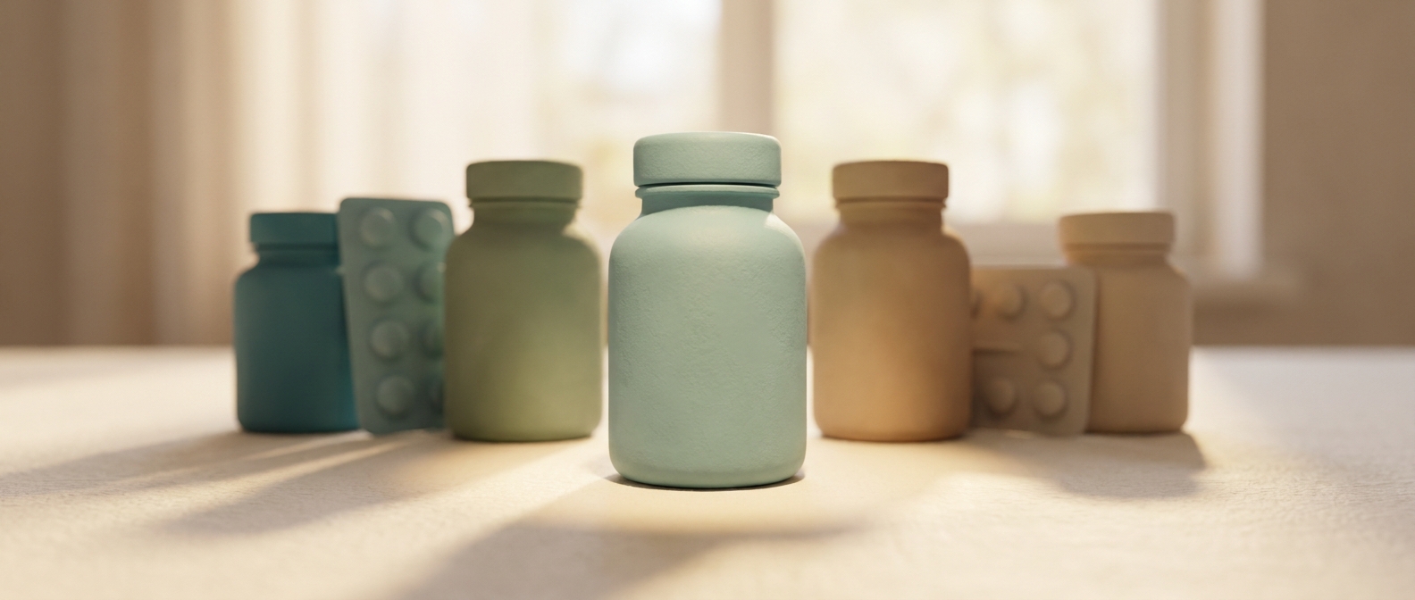 Illustration 3D de plusieurs boîtes de médicaments non identifiées alignées, l'une d'elles mise en avant