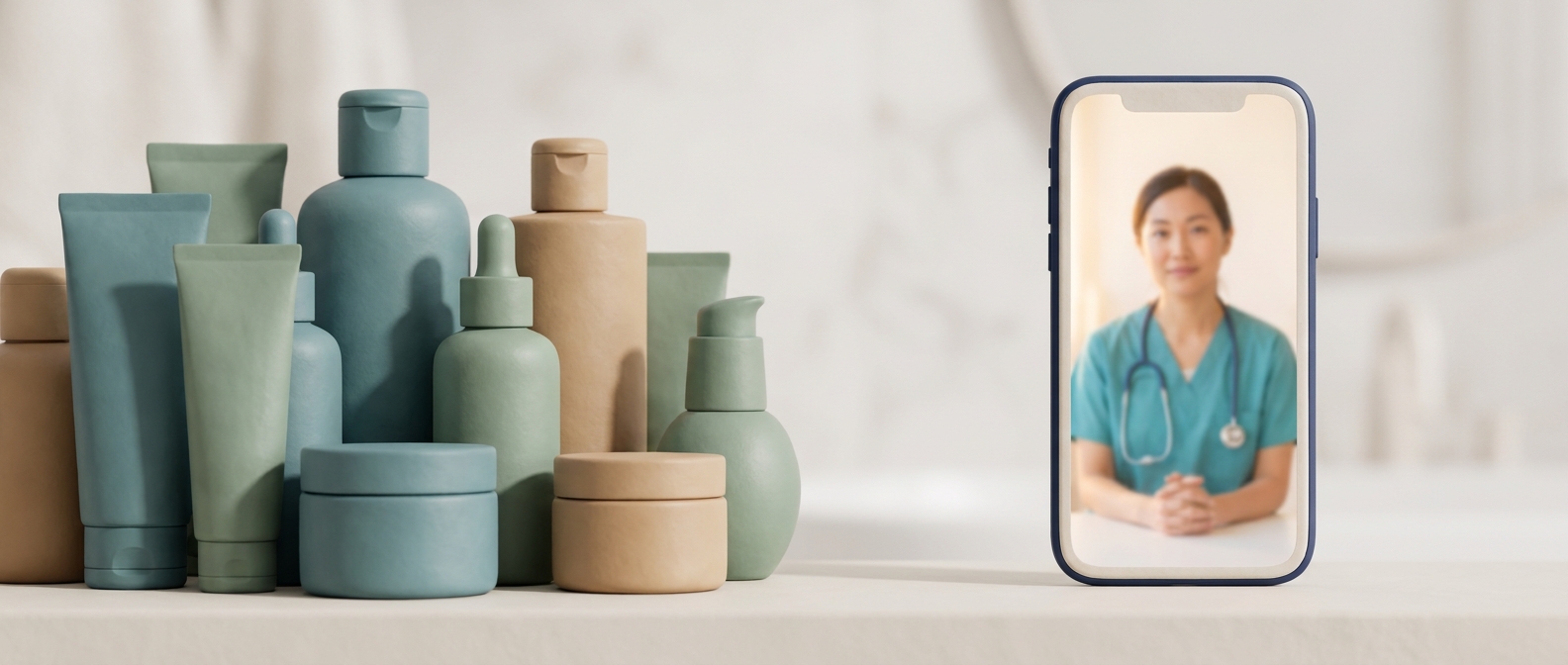 Illustration 3D d'une étagère de salle de bain chargée de flacons de soin, opposée à un smartphone affichant une téléconsultation, symbolisant le passage du cosmétique au parcours médical.