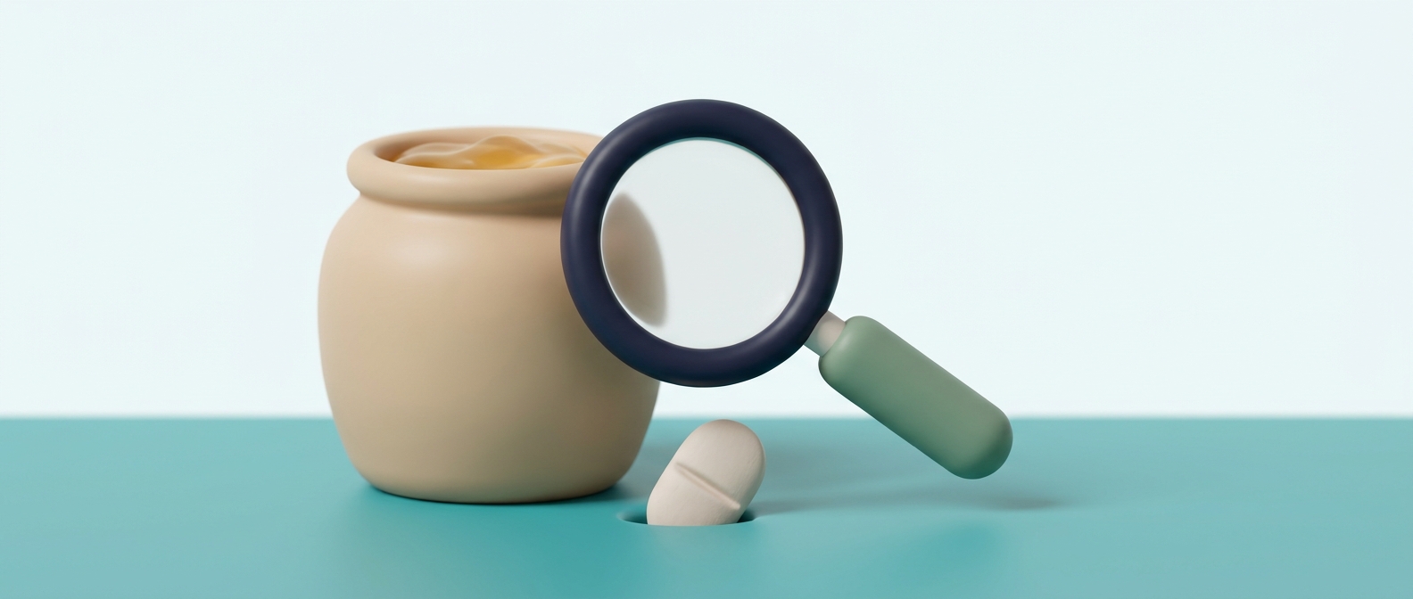 Illustration 3D d'un pot de complément "naturel" pour l'érection avec un comprimé dissimulé révélé par une loupe